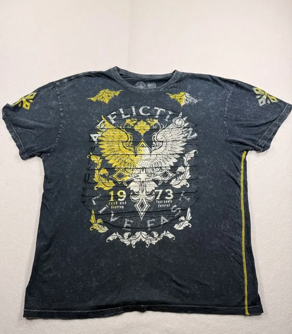 Affliction Black T-Shirt w/Yellow Velvet Graphics Short Sleeve Mens Size 2XL